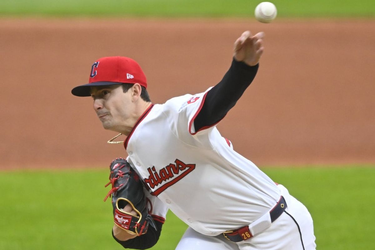 Apr 9, 2025; Cleveland, Ohio, USA; Cleveland Guardians starting pitcher Logan Allen (26) throws in the first inning against the Chicago White Sox at Progressive Field. Mandatory Credit: David Richard-Imagn Images