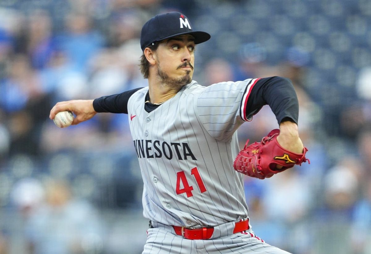 Apr 9, 2025; Kansas City, Missouri, USA; Minnesota Twins starting pitcher Joe Ryan (41) pitches during the first inning against the Kansas City Royals at Kauffman Stadium. Mandatory Credit: Jay Biggerstaff-Imagn Images