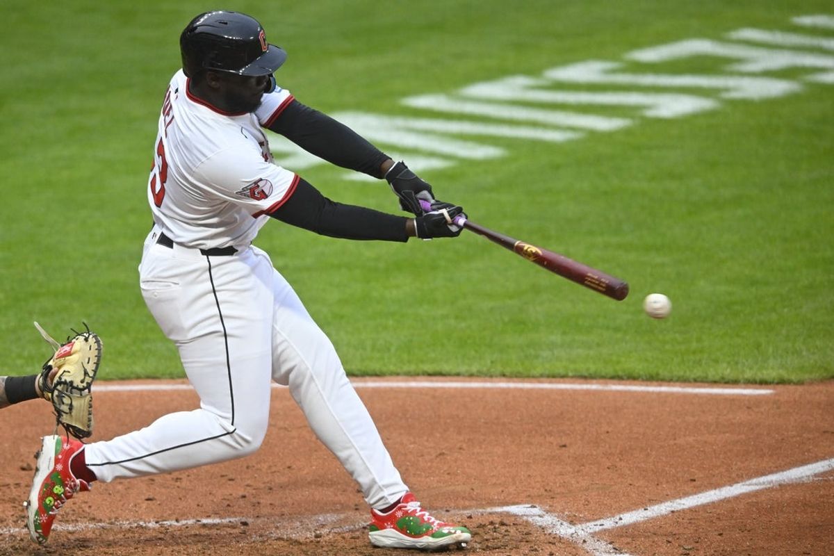 Apr 9, 2025; Cleveland, Ohio, USA; Cleveland Guardians right fielder Jhonkensy Noel (43) singles in the third inning against the Chicago White Sox at Progressive Field. Mandatory Credit: David Richard-Imagn Images