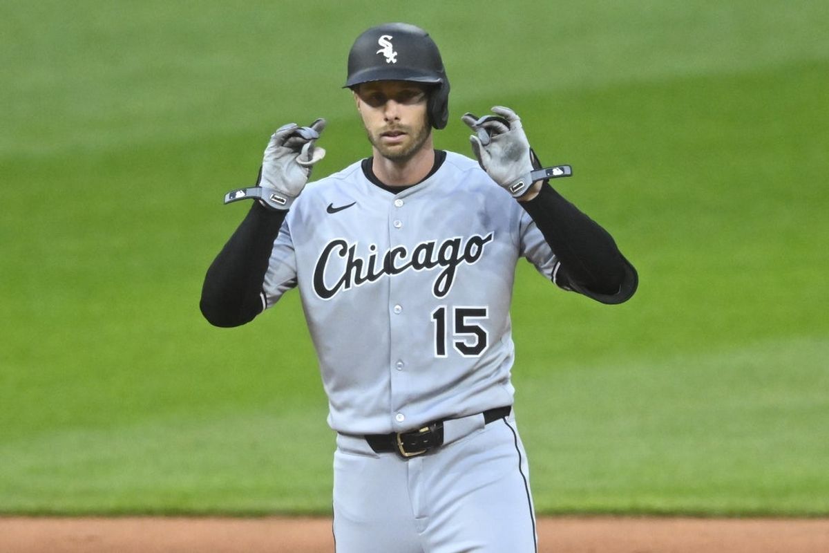 Apr 9, 2025; Cleveland, Ohio, USA; Chicago White Sox designated hitter Austin Slater (15) celebrates his double in the fifth inning against the Cleveland Guardians at Progressive Field. Mandatory Credit: David Richard-Imagn Images
