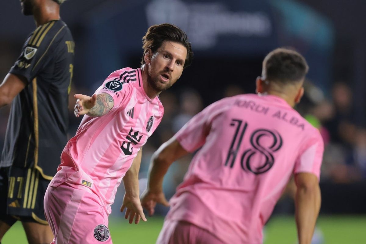 Apr 9, 2025; Ft. Lauderdale, Florida, USA; Inter Miami CF forward Lionel Messi (10) celebrates with defender Jordi Alba (18) after scoring against the Los Angeles FC during the first half at Chase Stadium. Mandatory Credit: Sam Navarro-Imagn Images