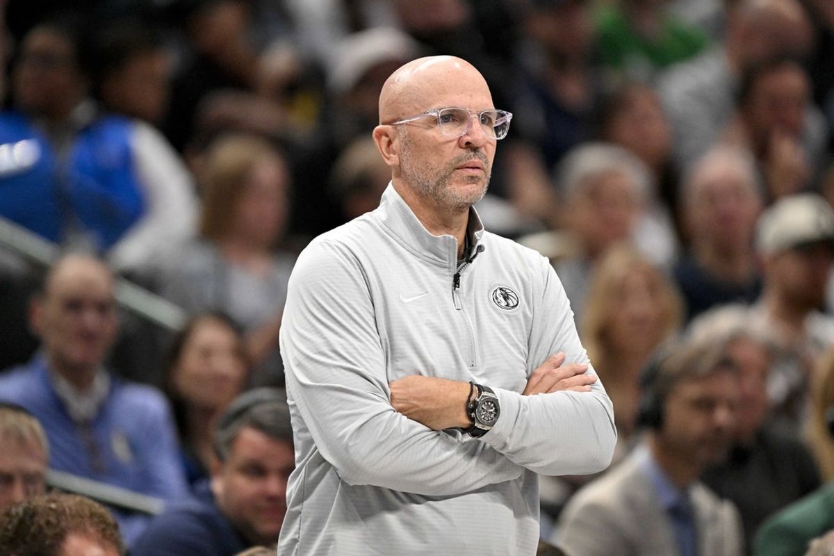 Apr 9, 2025; Dallas, Texas, USA; Dallas Mavericks head coach Jason Kidd looks on during the third quarter against the Los Angeles Lakers at the American Airlines Center. Mandatory Credit: Jerome Miron-Imagn Images
