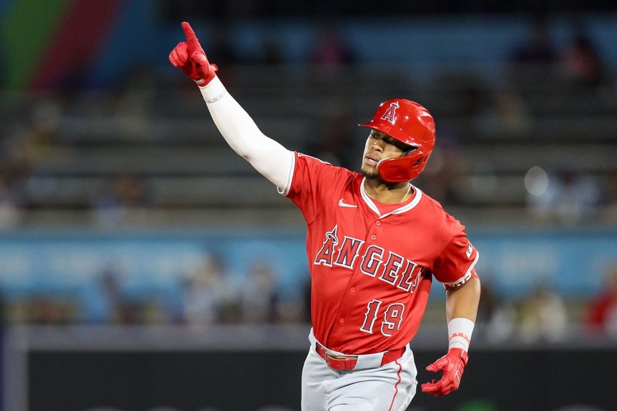 Apr 9, 2025; Anaheim, California, USA; Los Angeles Angels center fielder Kyren Paris (19) runs the bases after hitting a home run against the Tampa Bay Rays in the eighth inning at George M. Steinbrenner Field. Mandatory Credit: Nathan Ray Seebeck-Imagn Images