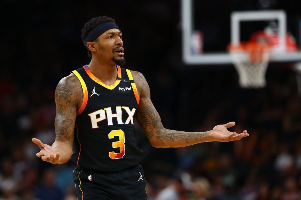Apr 9, 2025; Phoenix, Arizona, USA; Phoenix Suns guard Bradley Beal (3) reacts against the Oklahoma City Thunderduring the first half at Footprint Center. Mandatory Credit: Mark J. Rebilas-Imagn Images