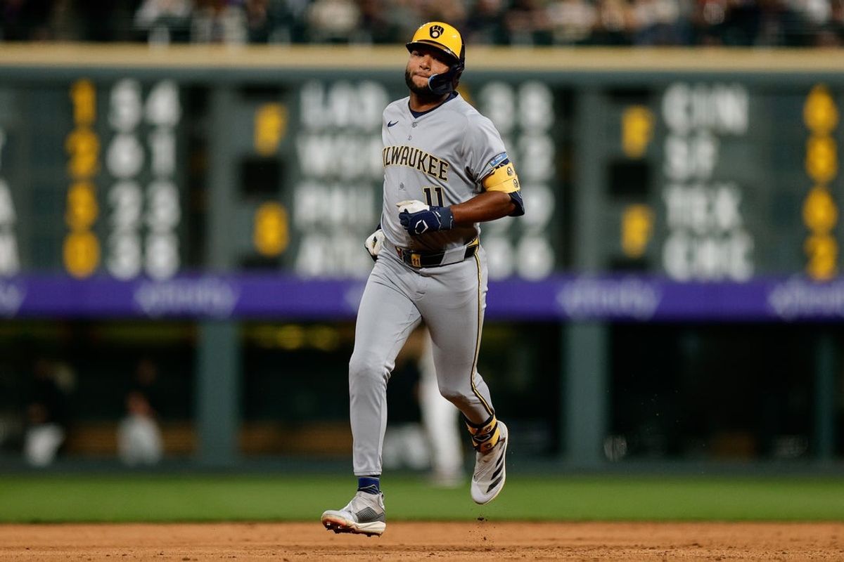 Apr 9, 2025; Denver, Colorado, USA; Milwaukee Brewers left fielder Jackson Chourio (11) rounds the bases on a three run home run in the fifth inning against the Colorado Rockies at Coors Field. Mandatory Credit: Isaiah J. Downing-Imagn Images