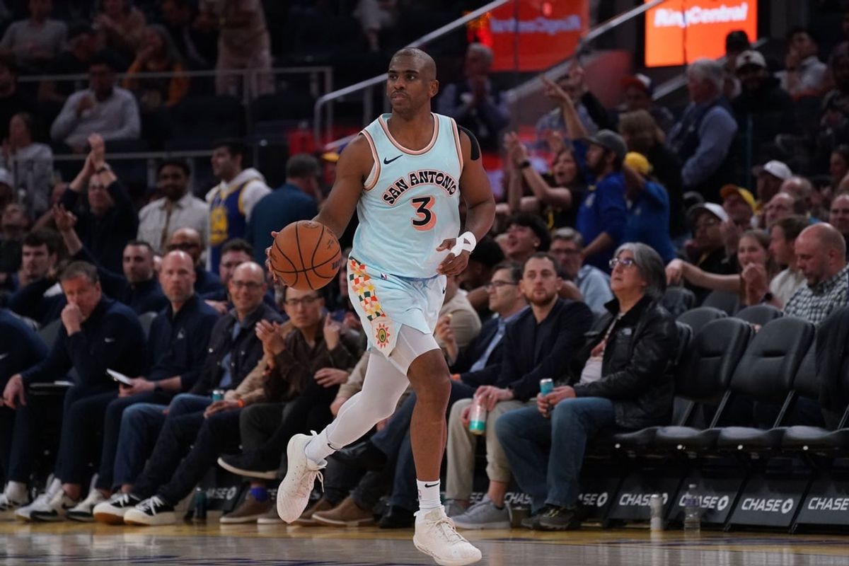 Apr 9, 2025; San Francisco, California, USA;  San Antonio Spurs guard Chris Paul (3) dribbles upcourt against the Golden State Warriors in the third quarter at Chase Center. Mandatory Credit: David Gonzales-Imagn Images
