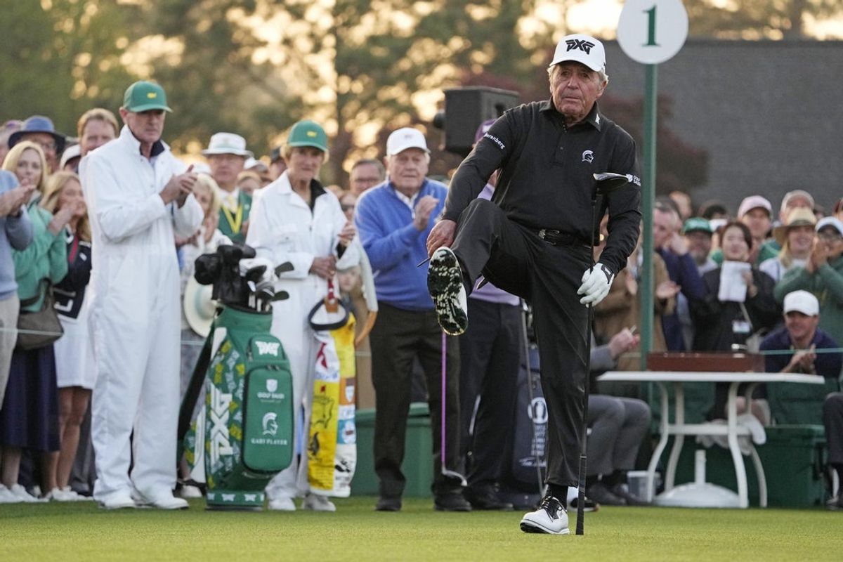 Honorary starter Gary Player reacts on the first tee during the first round of the 2025 Masters. (Michael Madrid-Imagn Images)