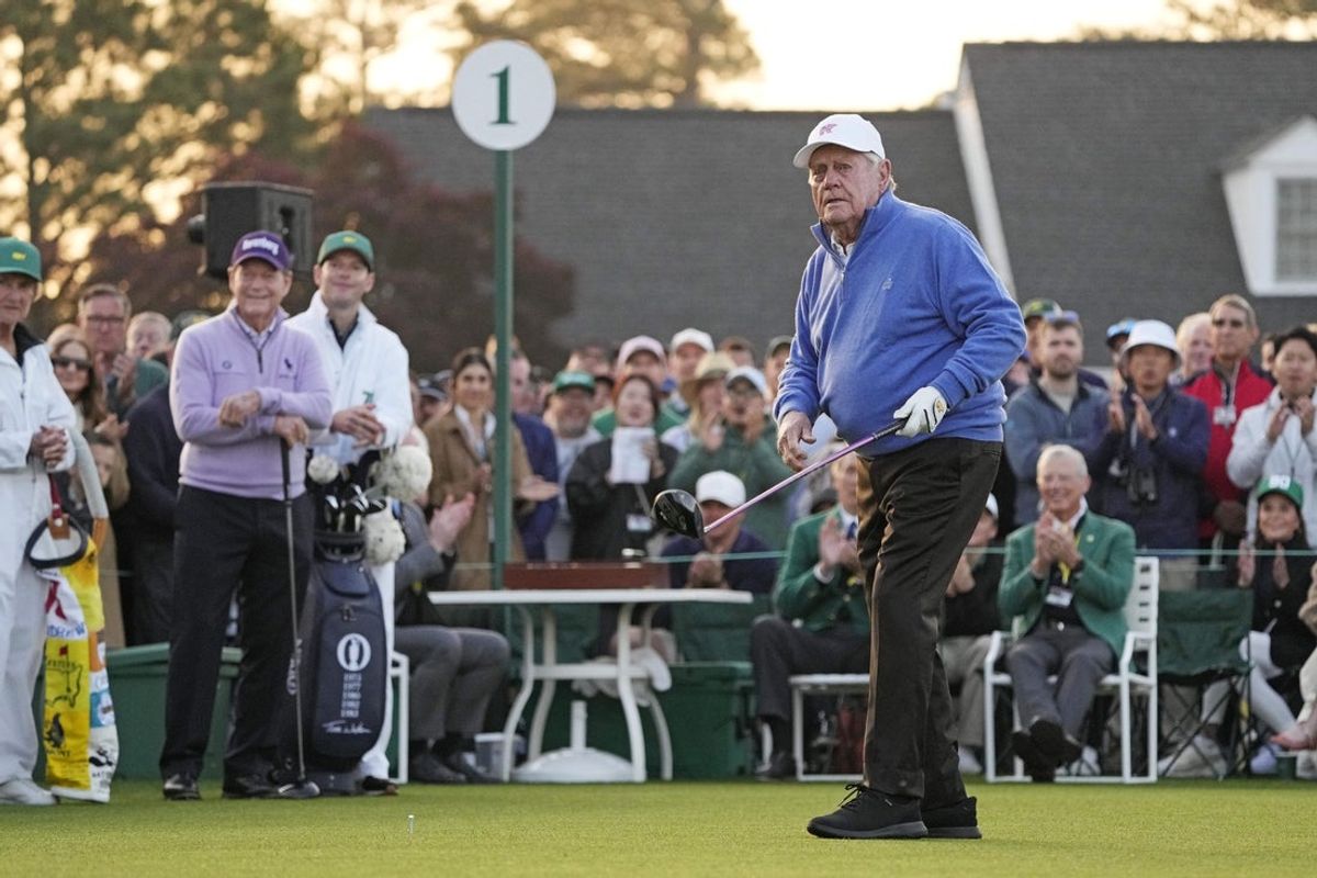 Apr 10, 2025; Augusta, Georgia, USA; Honorary Jack Nicklaus tees off on the first tee during the first round of the Masters Tournament. Mandatory Credit: Michael Madrid-Imagn Images