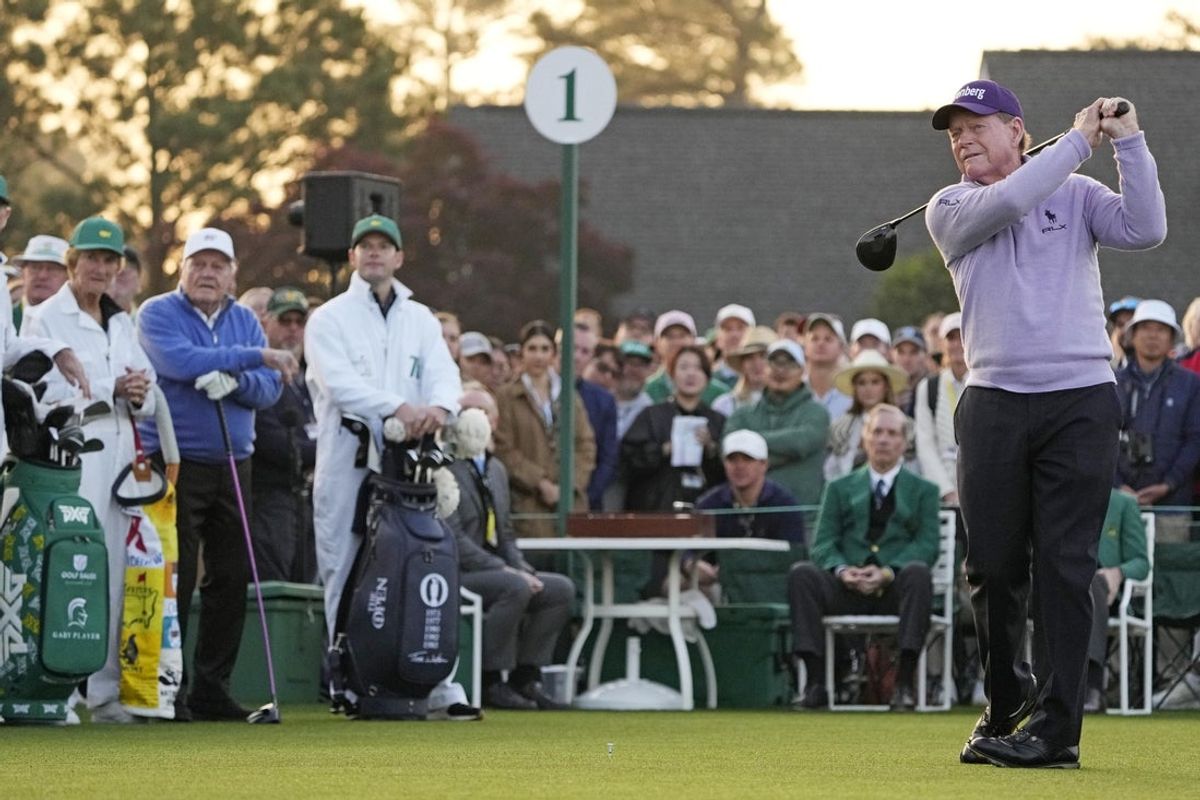 Apr 10, 2025; Augusta, Georgia, USA; Honorary Tom Watson tees off on the first tee during the first round of the Masters Tournament. Mandatory Credit: Michael Madrid-Imagn Images