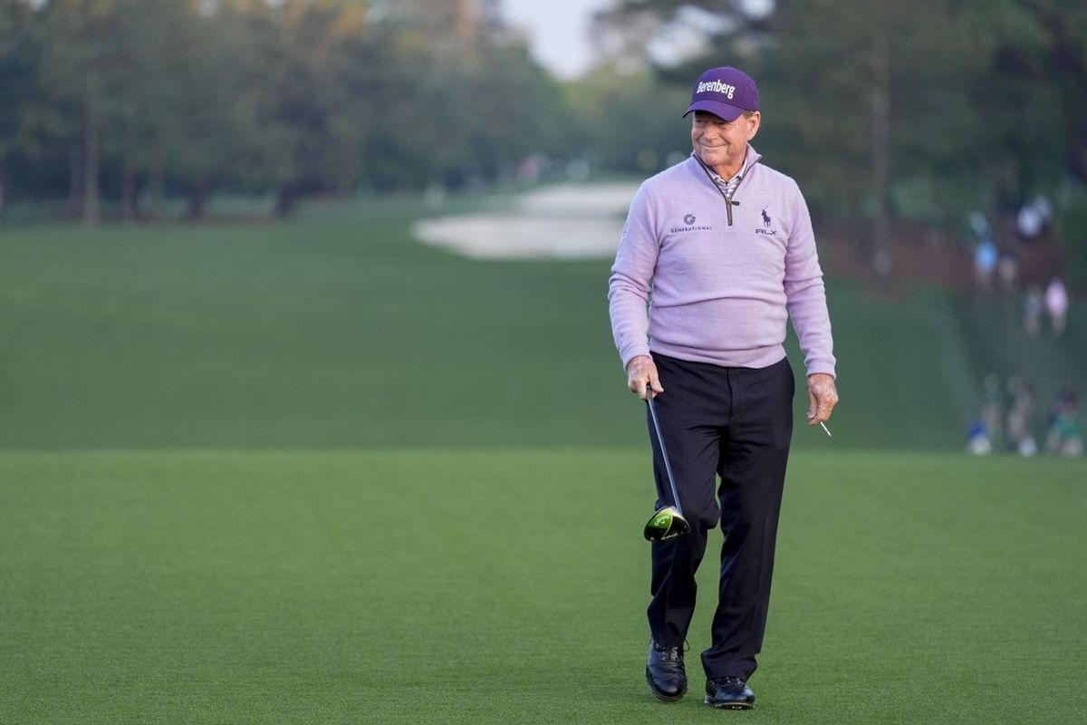 Apr 10, 2025; Augusta, Georgia, USA; Tom Watson walks off the no. 1 tee after serving as an honorary starter during the first round of the Masters Tournament. Mandatory Credit: Katie Goodale-Imagn Images