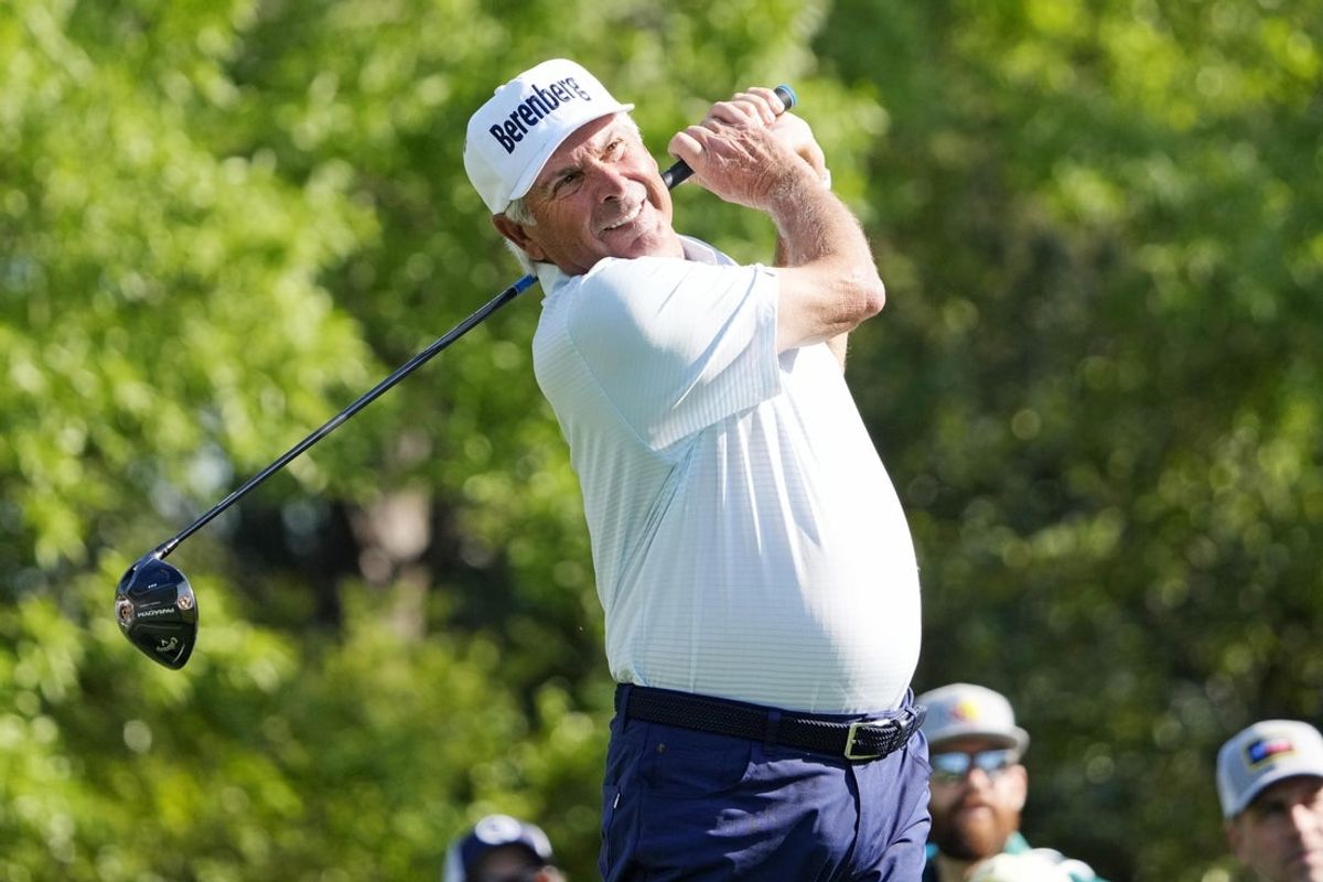 Apr 10, 2025; Augusta, Georgia, USA; Fred Couples plays his shot from the fifth tee during the first round of the Masters Tournament. Mandatory Credit: Kyle Terada-Imagn Images