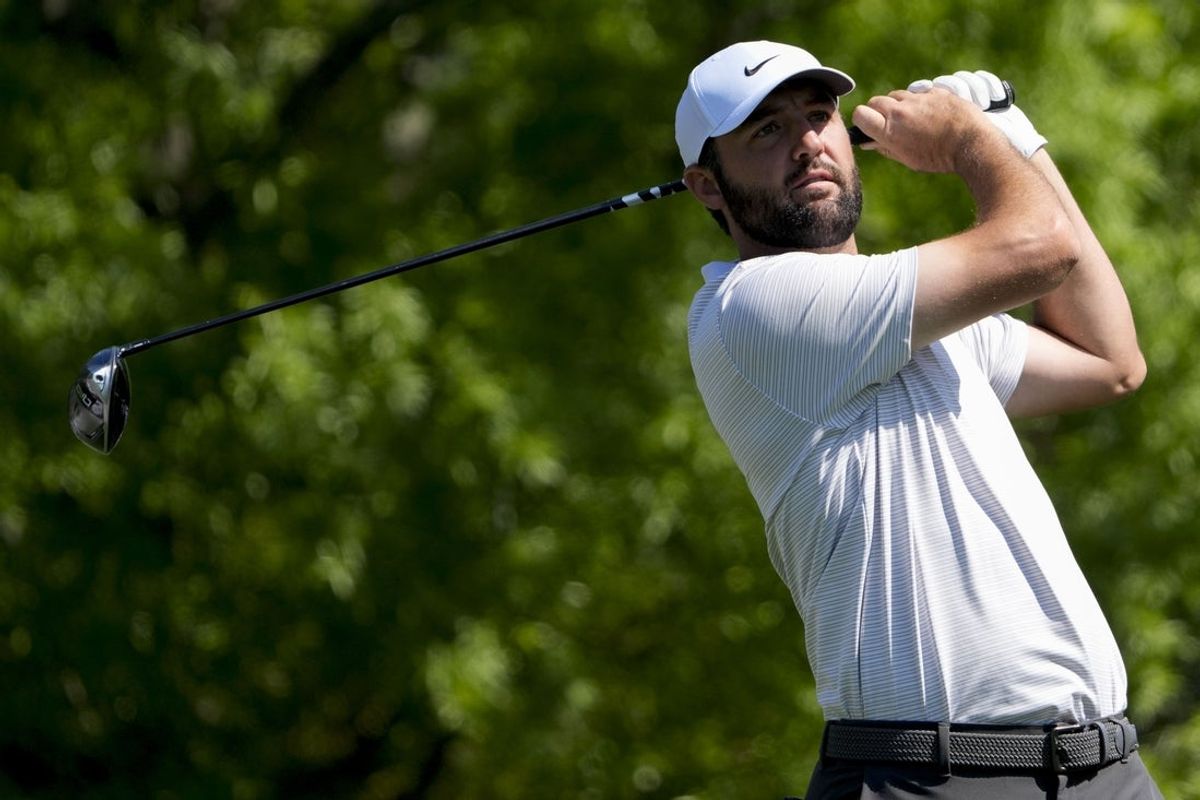 Apr 10, 2025; Augusta, Georgia, USA; Scottie Scheffler tees off on no. 5 during the first round of the Masters Tournament. Mandatory Credit: Kyle Terada-Imagn Images