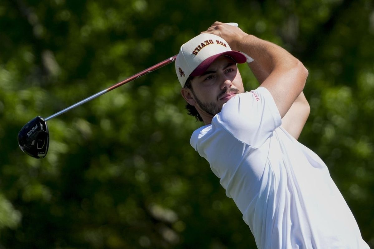 Apr 10, 2025; Augusta, Georgia, USA; Jose Luis Ballester tees off on no. 5 during the first round of the Masters Tournament. Mandatory Credit: Kyle Terada-Imagn Images