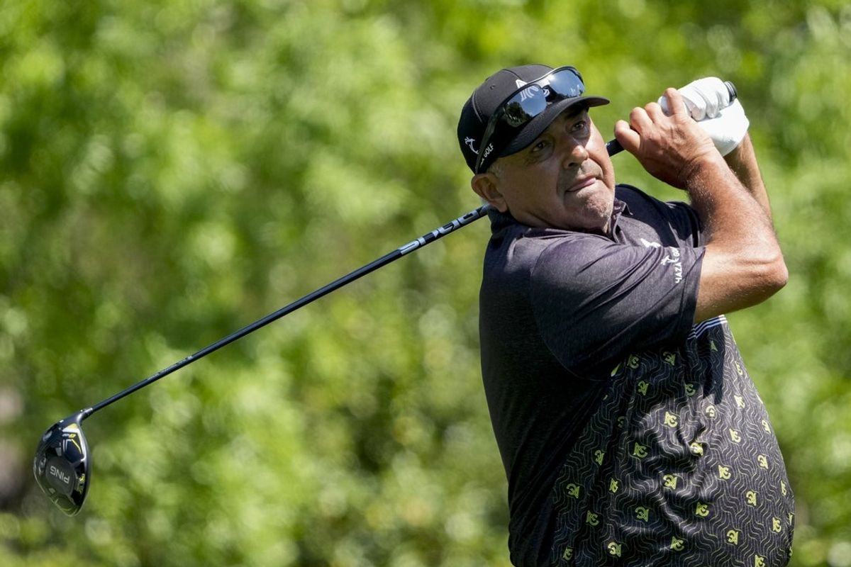 Apr 10, 2025; Augusta, Georgia, USA; Angel Cabrera tees off on no. 5 during the first round of the Masters Tournament. Mandatory Credit: Kyle Terada-Imagn Images