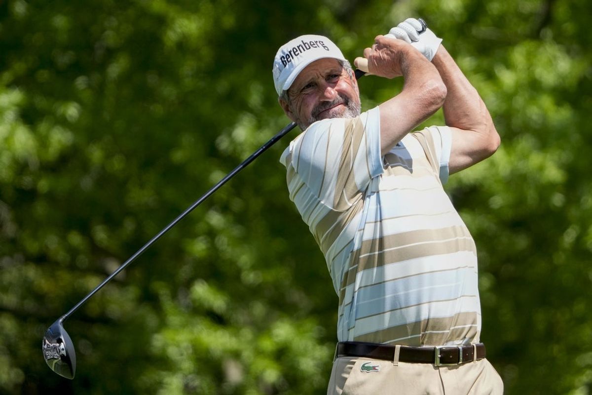 Apr 10, 2025; Augusta, Georgia, USA; Jose Maria Olazabal tees off on No. 5 during the first round of the Masters Tournament. Mandatory Credit: Kyle Terada-Imagn Images