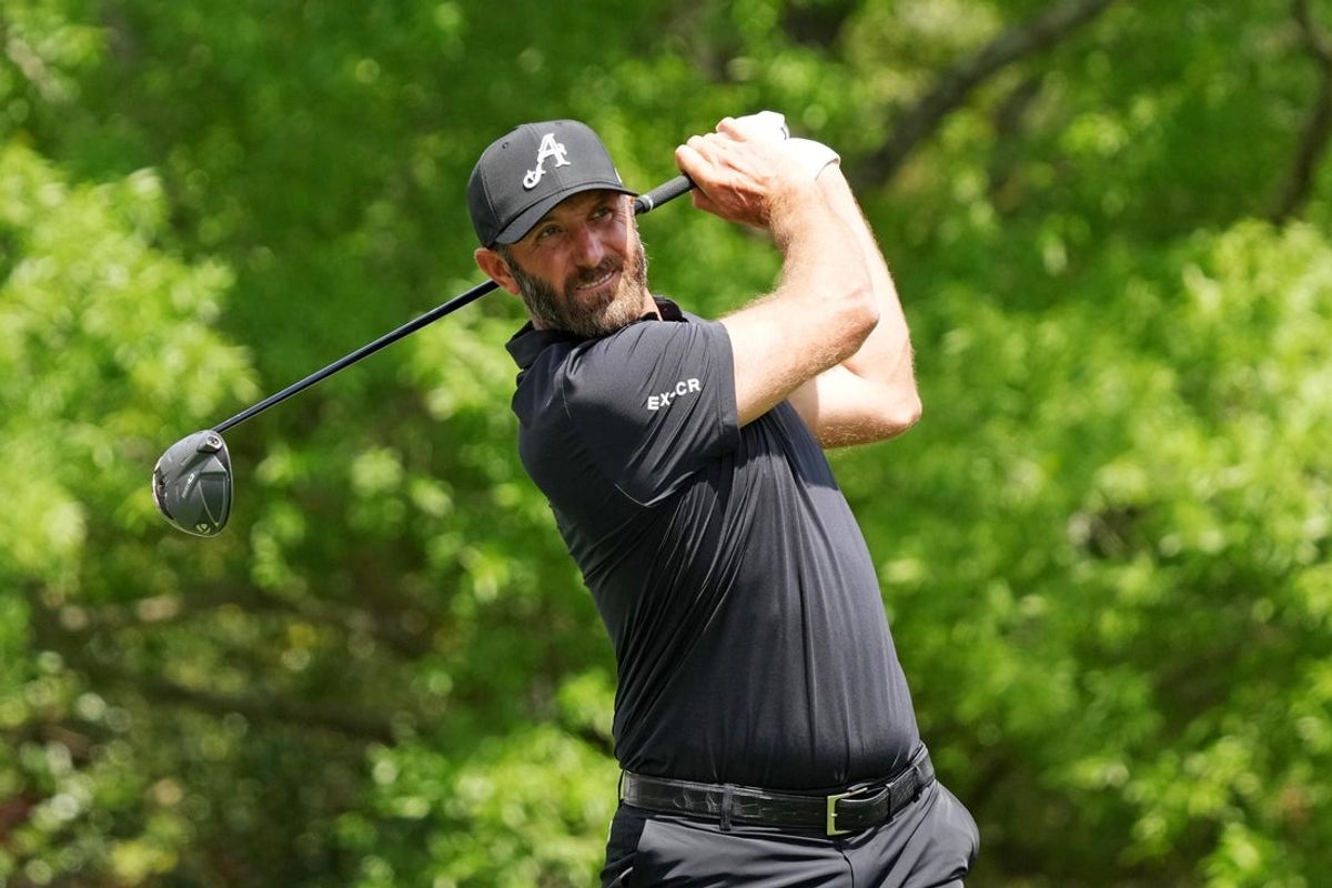Apr 10, 2025; Augusta, Georgia, USA; Dustin Johnson plays his shot from the fifth tee during the first round of the Masters Tournament. Mandatory Credit: Grace Smith-Imagn Images