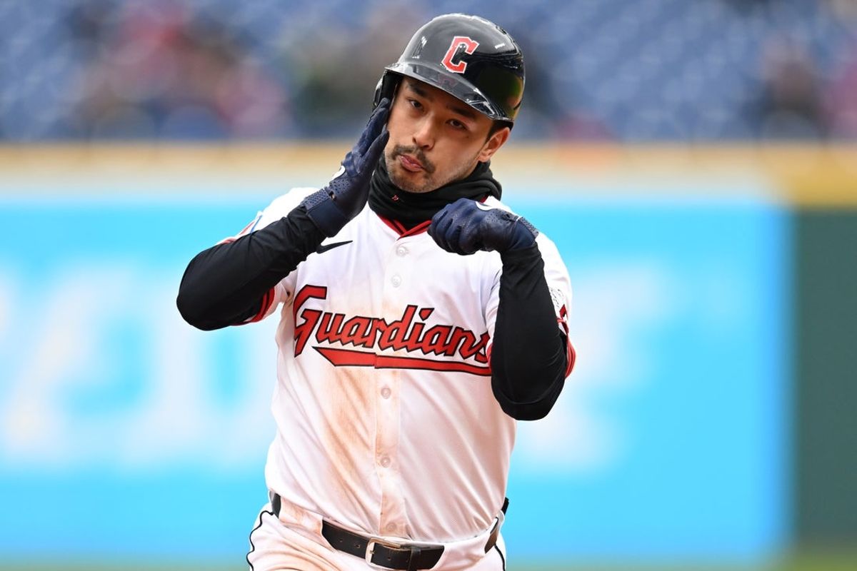Apr 10, 2025; Cleveland, Ohio, USA; Cleveland Guardians left fielder Steven Kwan (38) rounds the bases after hitting a home run during the third inning against the Chicago White Sox at Progressive Field. Mandatory Credit: Ken Blaze-Imagn Images