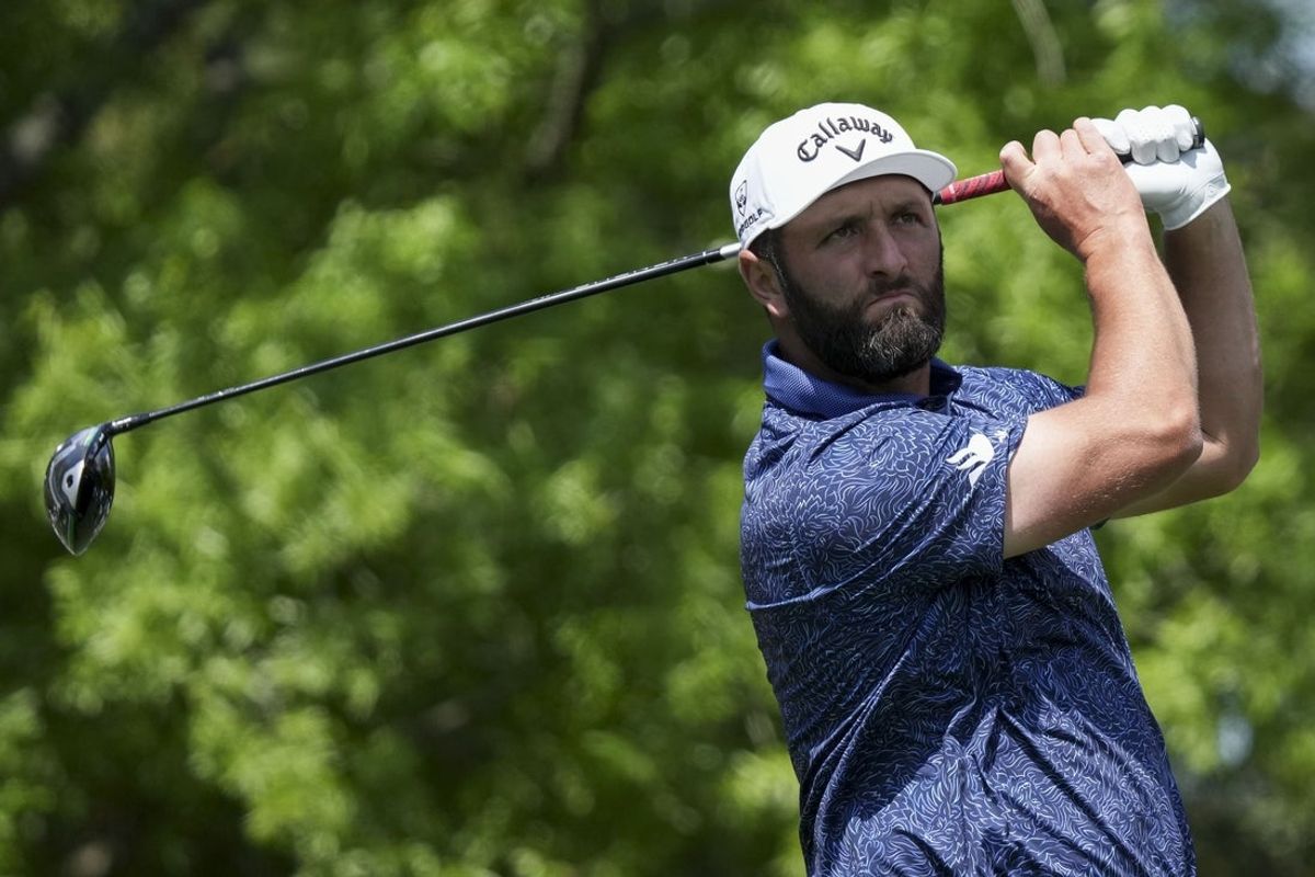 Apr 10, 2025; Augusta, Georgia, USA; Jon Rahm tees off on no. 5 during the first round of the Masters Tournament. Mandatory Credit: Grace Smith-Imagn Images