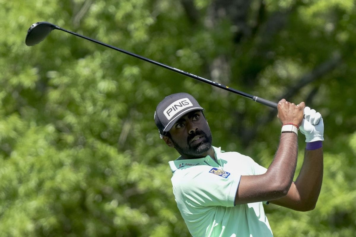 Apr 10, 2025; Augusta, Georgia, USA; Sahith Theegala tees off on no. 5 during the first round of the Masters Tournament. Mandatory Credit: Grace Smith-Imagn Images