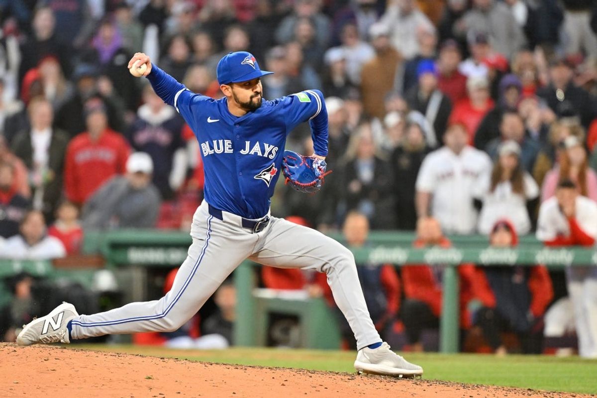 Apr 10, 2025; Boston, Massachusetts, USA; Toronto Blue Jays relief pitcher Nick Sandlin (52) pitches against the Boston Red Sox during the tenth inning at Fenway Park. Mandatory Credit: Eric Canha-Imagn Images