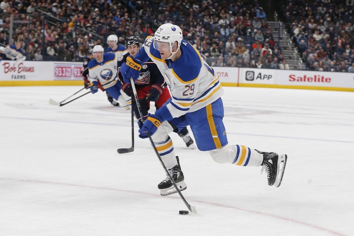Apr 10, 2025; Columbus, Ohio, USA; Buffalo Sabres left wing Beck Malenstyn (29) wrists a shot on goal against the Columbus Blue Jackets during the first period at Nationwide Arena. Mandatory Credit: Russell LaBounty-Imagn Images