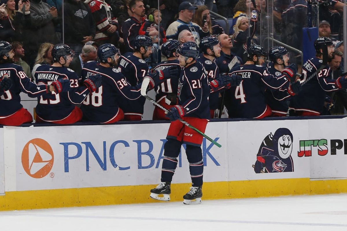 Apr 10, 2025; Columbus, Ohio, USA; Columbus Blue Jackets left wing James van Riemsdyk (21) celebrates his goal against the Buffalo Sabres during the first period at Nationwide Arena. Mandatory Credit: Russell LaBounty-Imagn Images