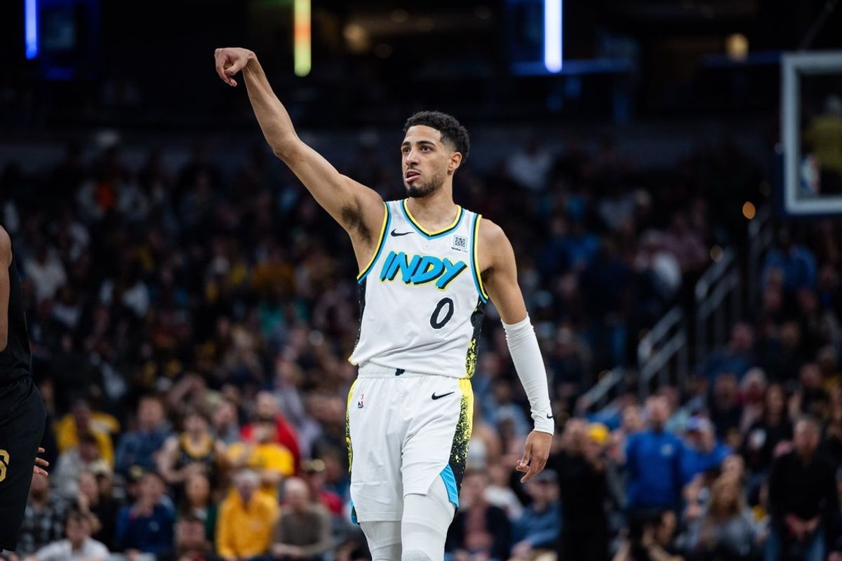 Apr 10, 2025; Indianapolis, Indiana, USA; Indiana Pacers guard Tyrese Haliburton (0) celebrates a made basket in the second half against the Cleveland Cavaliers at Gainbridge Fieldhouse. Mandatory Credit: Trevor Ruszkowski-Imagn Images
