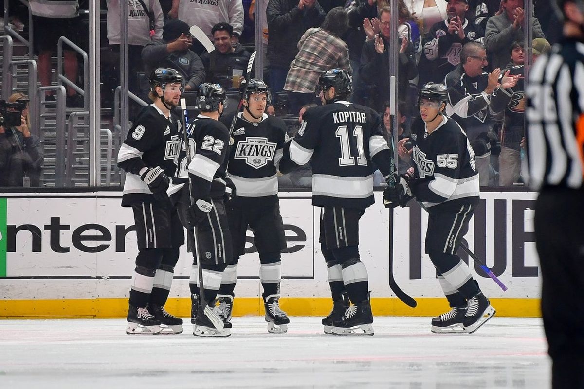Apr 10, 2025; Los Angeles, California, USA; Los Angeles Kings celebrate the goal scored by right wing Quinton Byfield (55) against the Anaheim Ducks during the first period at Crypto.com Arena. Mandatory Credit: Gary A. Vasquez-Imagn Images