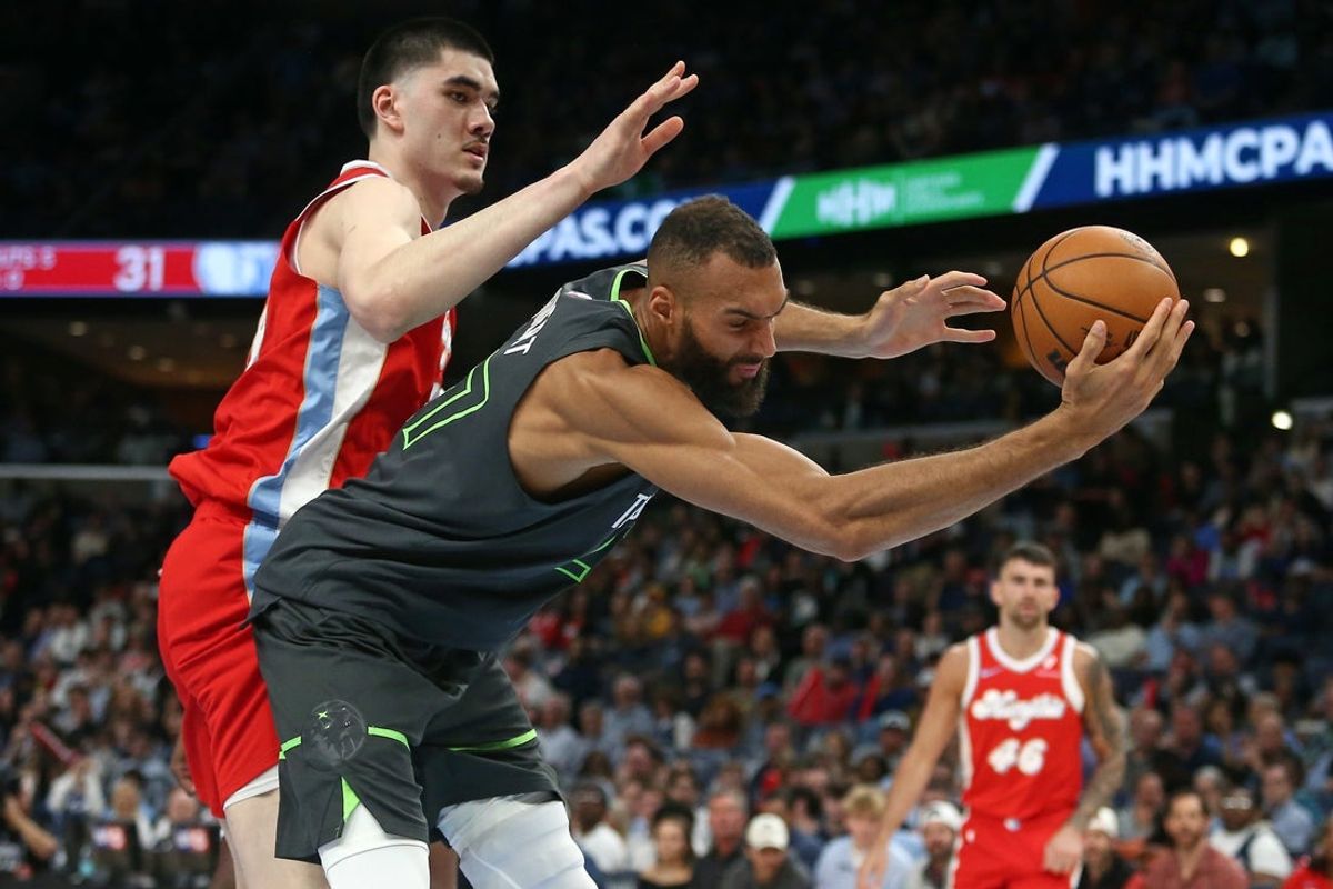 Apr 10, 2025; Memphis, Tennessee, USA; Memphis Grizzlies center Zach Edey (14) and Minnesota Timberwolves center Rudy Gobert (27)  battle for a rebound during the second quarter at FedExForum. Mandatory Credit: Petre Thomas-Imagn Images