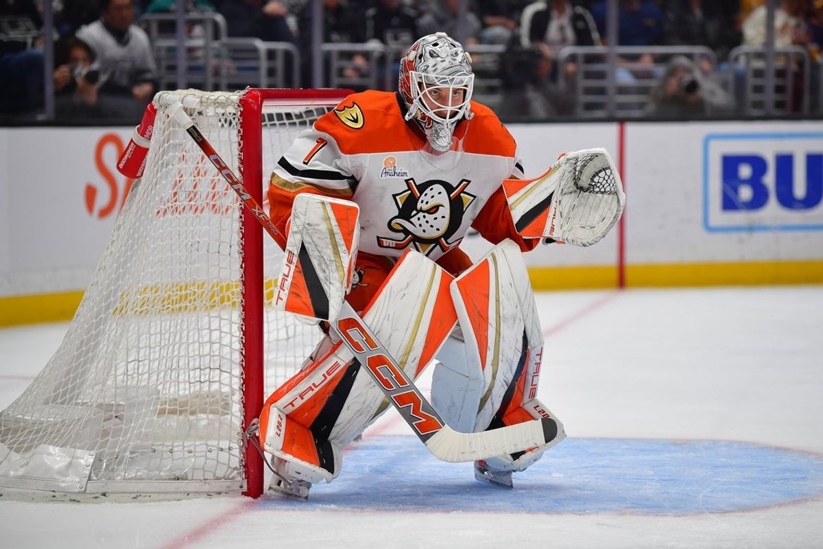 Apr 10, 2025; Los Angeles, California, USA; Anaheim Ducks goaltender Lukas Dostal (1) defends the goal against the Los Angeles Kings during the second period at Crypto.com Arena. Mandatory Credit: Gary A. Vasquez-Imagn Images