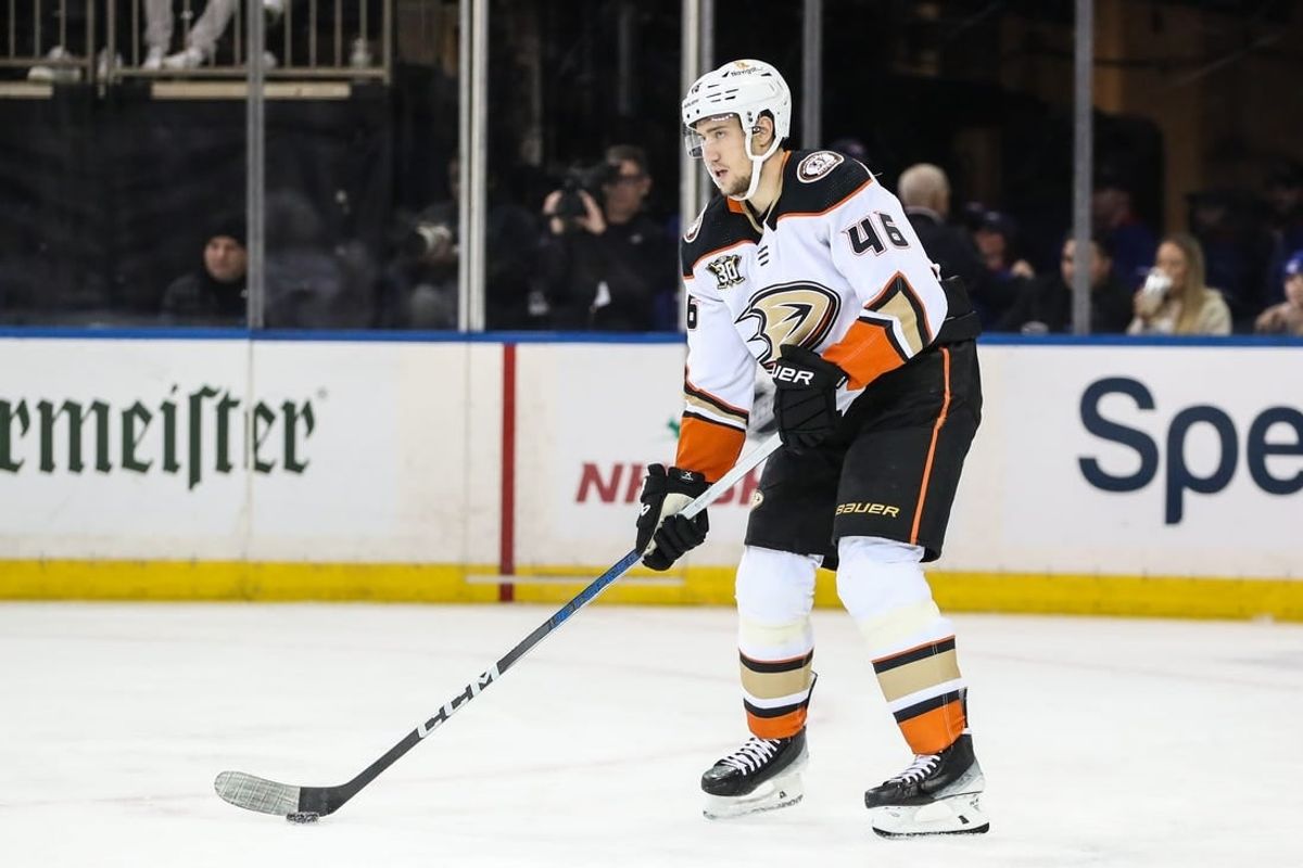 Dec 15, 2023; New York, New York, USA;  Anaheim Ducks defenseman Ilya Lyubushkin (46) at Madison Square Garden.