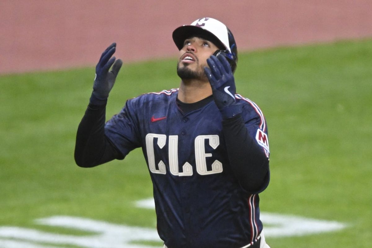 Apr 11, 2025; Cleveland, Ohio, USA; Cleveland Guardians second baseman Gabriel Arias (13) celebrates his three-run home run in the fourth inning against the Kansas City Royals at Progressive Field. Mandatory Credit: David Richard-Imagn Images