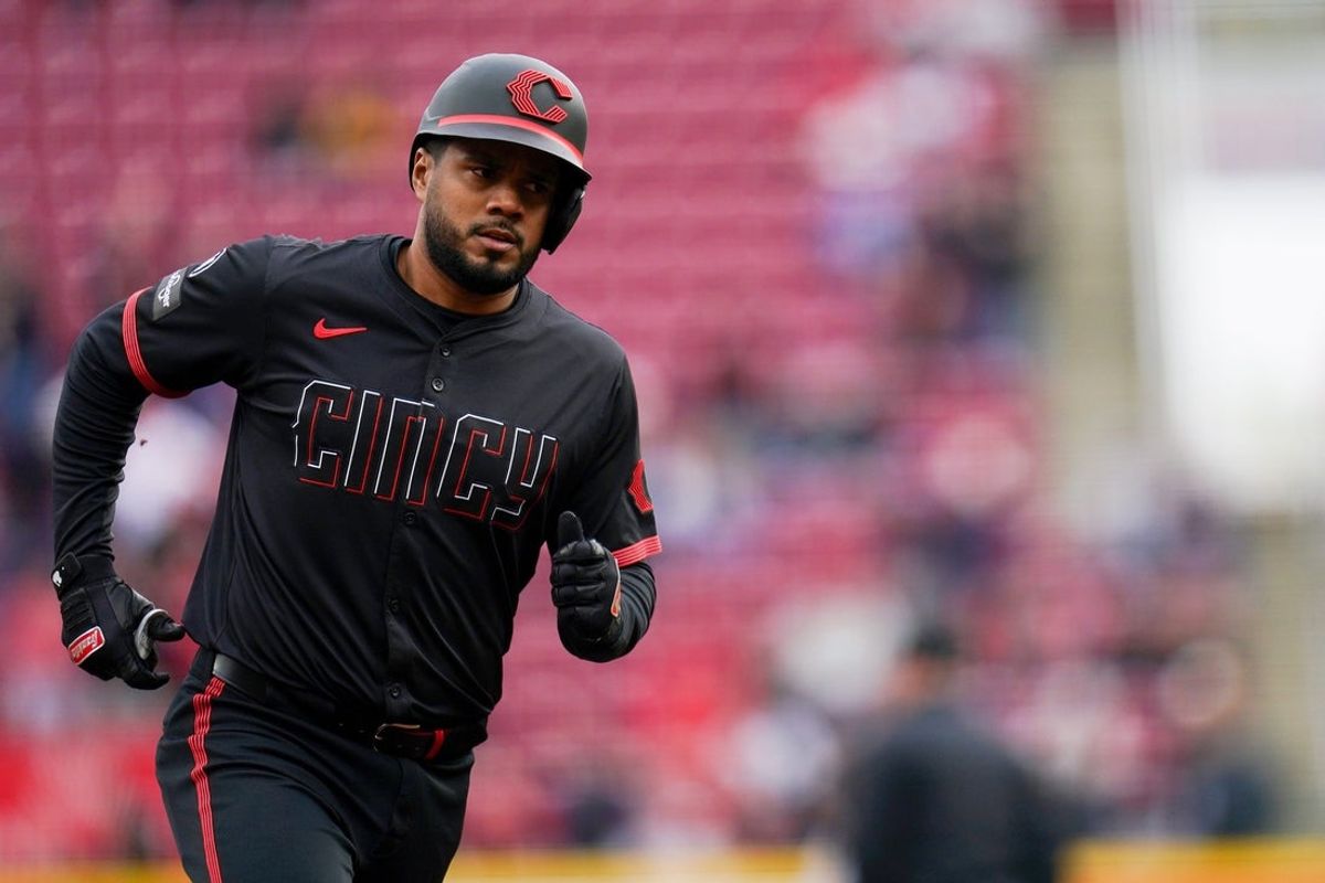 Cincinnati Reds third base Jeimer Candelario (3) runs the bases after hitting a homer in the first inning of a MLB game between the Cincinnati Reds and Pittsburgh Pirates, Friday, April 11, 2025, at Great American Ball Park in Downtown Cincinnati.