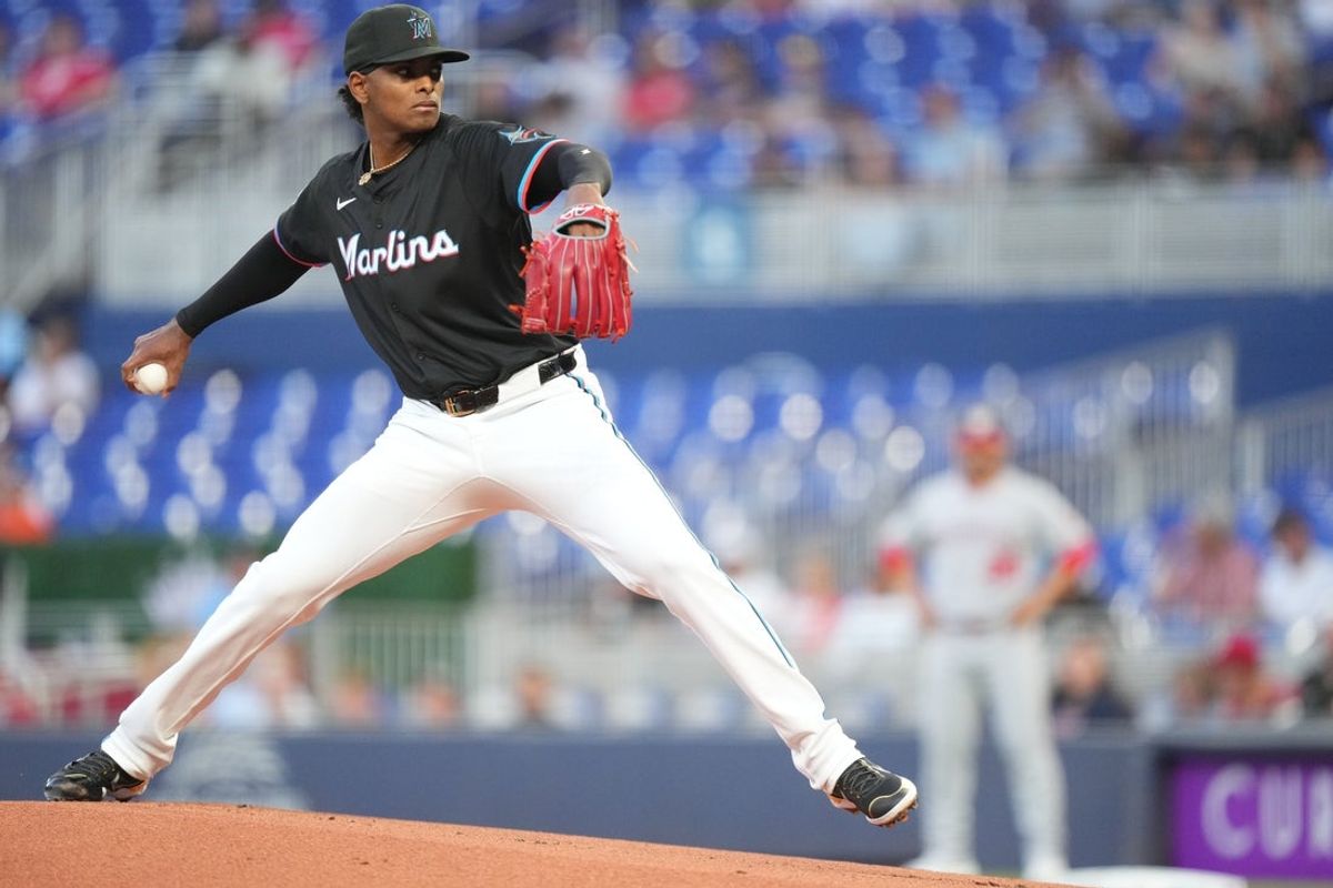 Apr 11, 2025; Miami, Florida, USA; Miami Marlins pitcher Edward Cabrera (27) pitches in the first inning against the Washington Nationals at loanDepot Park. Mandatory Credit: Jim Rassol-Imagn Images