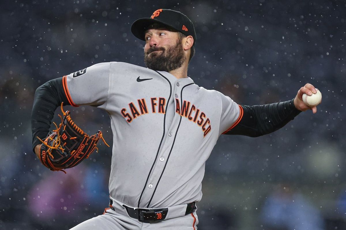 Apr 11, 2025; Bronx, New York, USA; San Francisco Giants starting pitcher Robbie Ray (38) delivers a pitch during the first inning against the New York Yankees at Yankee Stadium. Mandatory Credit: Vincent Carchietta-Imagn Images