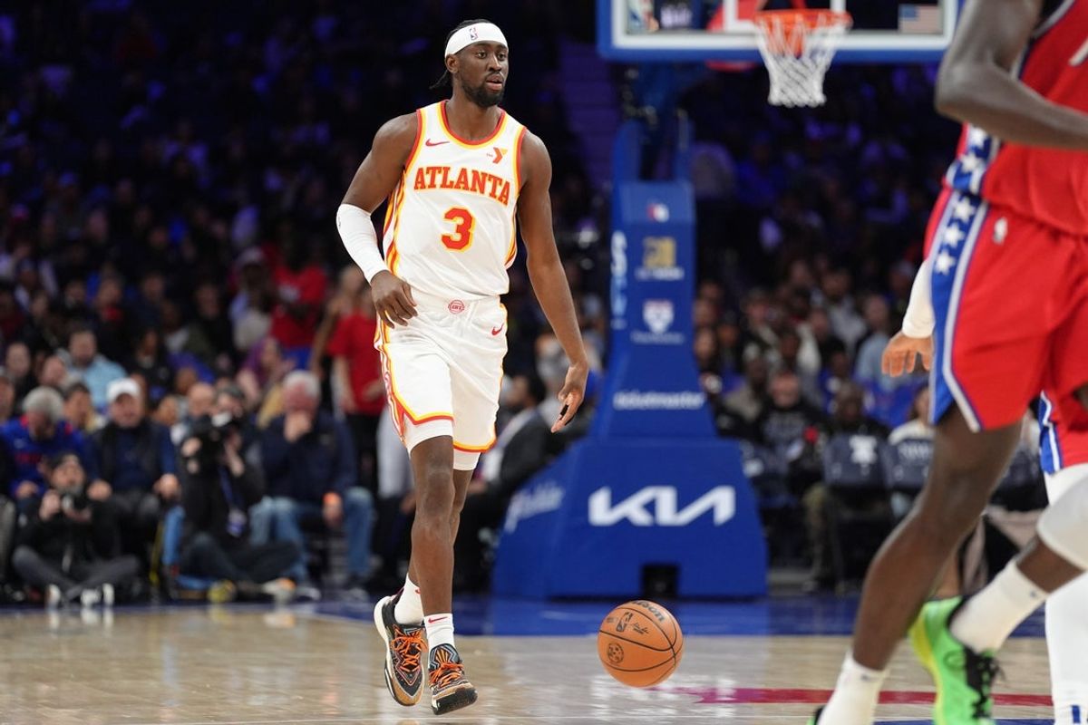 Apr 11, 2025; Philadelphia, Pennsylvania, USA; Atlanta Hawks guard Caris LeVert (3) controls the ball against the Philadelphia 76ers in the second quarter at Wells Fargo Center. Mandatory Credit: Kyle Ross-Imagn Images