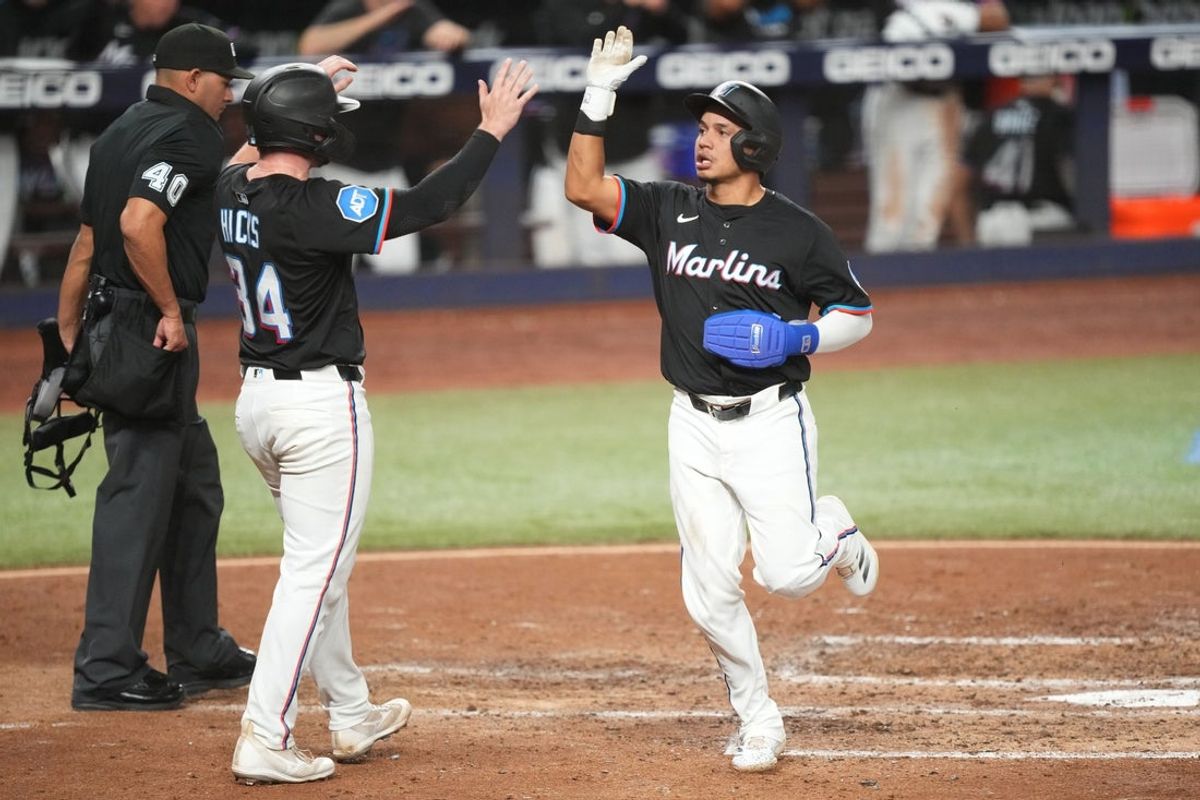 Apr 11, 2025; Miami, Florida, USA; Miami Marlins catcher Liam Hicks (34) and left fielder Javier Sanoja (46) celebrate each scoring runs in the fifth inning against the Washington Nationals at loanDepot Park. Mandatory Credit: Jim Rassol-Imagn Images