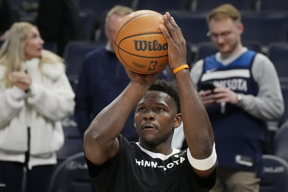 Apr 11, 2025; Minneapolis, Minnesota, USA; Minnesota Timberwolves guard Anthony Edwards (5) prepares to play the Brooklyn Nets before the game at Target Center. Mandatory Credit: Bruce Kluckhohn-Imagn Images