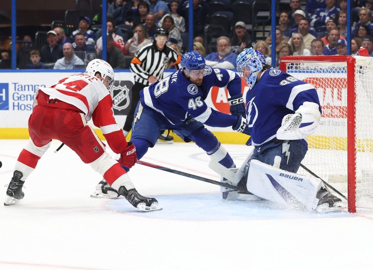 Apr 11, 2025; Tampa, Florida, USA; Detroit Red Wings center Tyler Motte (14) scores a goal as Tampa Bay Lightning defenseman Nick Perbix (48) and goaltender Andrei Vasilevskiy (88) attempted to defend during the second period at Amalie Arena. Mandatory Credit: Kim Klement Neitzel-Imagn Images