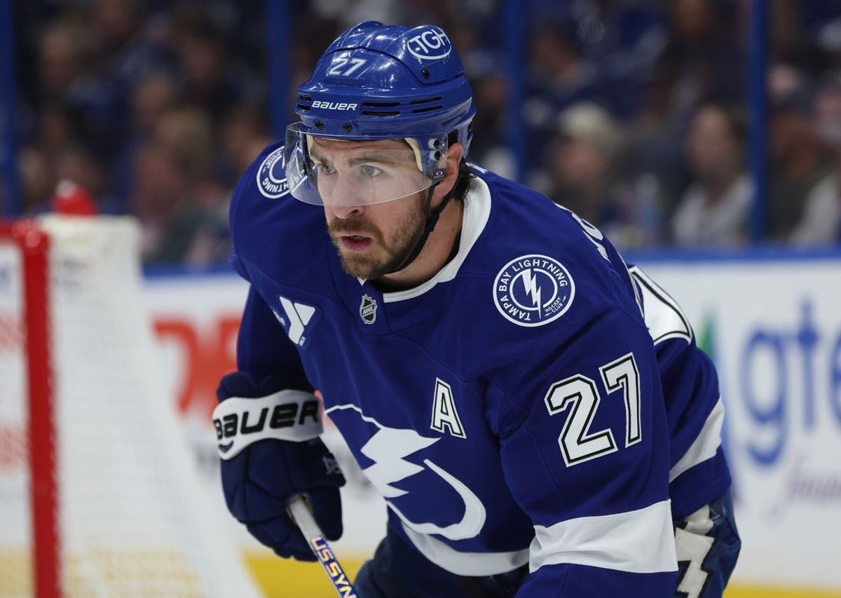 Apr 11, 2025; Tampa, Florida, USA; Tampa Bay Lightning defenseman Ryan McDonagh (27) looks on against the Detroit Red Wings during the second period at Amalie Arena. Mandatory Credit: Kim Klement Neitzel-Imagn Images
