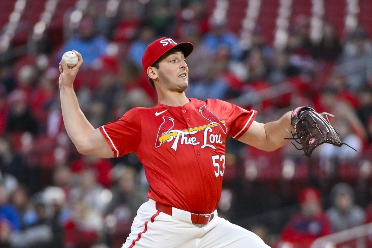 Apr 11, 2025; St. Louis, Missouri, USA;  St. Louis Cardinals starting pitcher Andre Pallante (53) pitches against the Philadelphia Phillies during the first inning at Busch Stadium. Mandatory Credit: Jeff Curry-Imagn Images