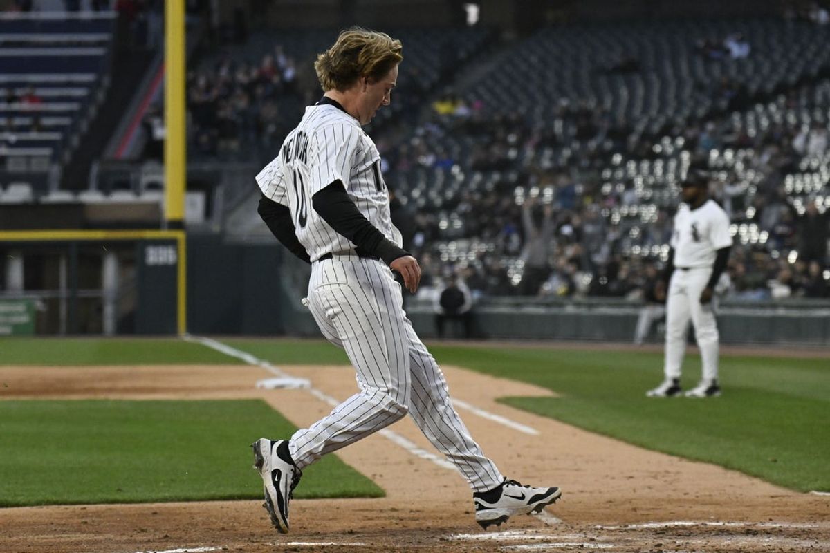 Apr 11, 2025; Chicago, Illinois, USA; Chicago White Sox second baseman Chase Meidroth (10) scores against the Boston Red Sox during the second inning at Guaranteed Rate Field. Mandatory Credit: Matt Marton-Imagn Images