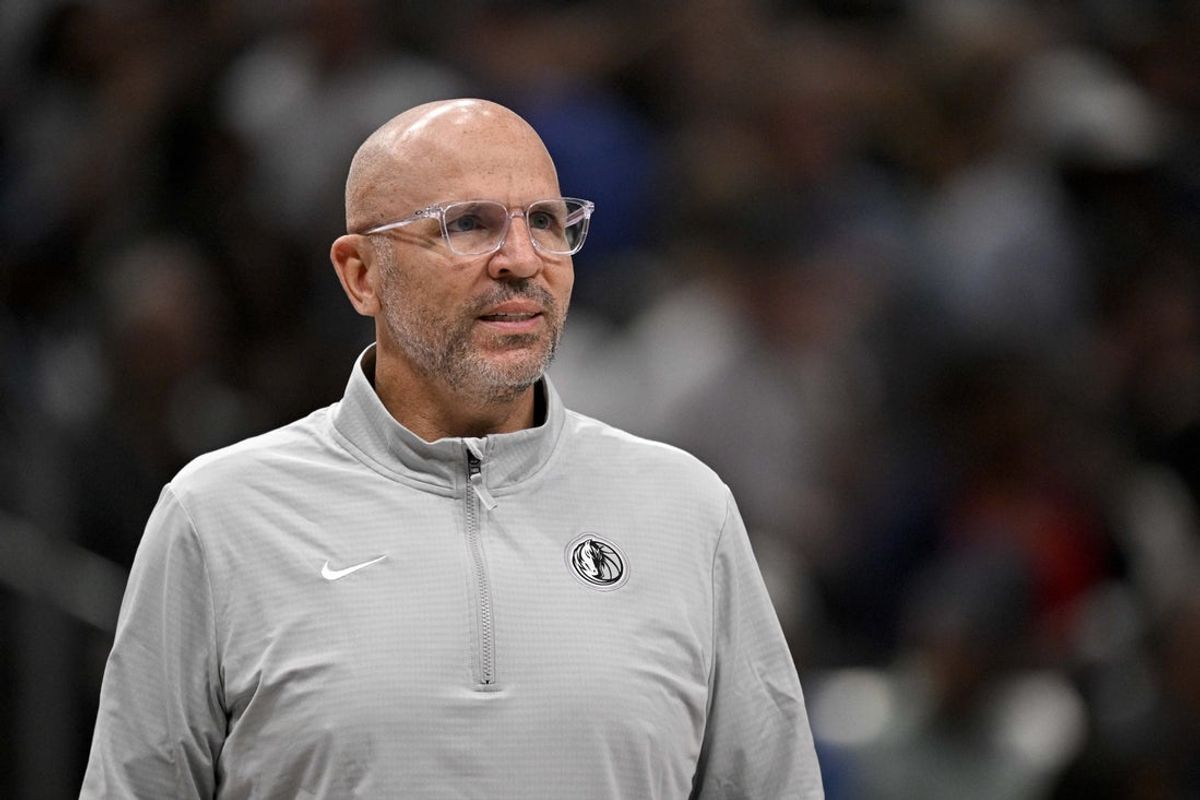 Apr 11, 2025; Dallas, Texas, USA; Dallas Mavericks head coach Jason Kidd looks on during the second quarter against the Toronto Raptors at the American Airlines Center. Mandatory Credit: Jerome Miron-Imagn Images