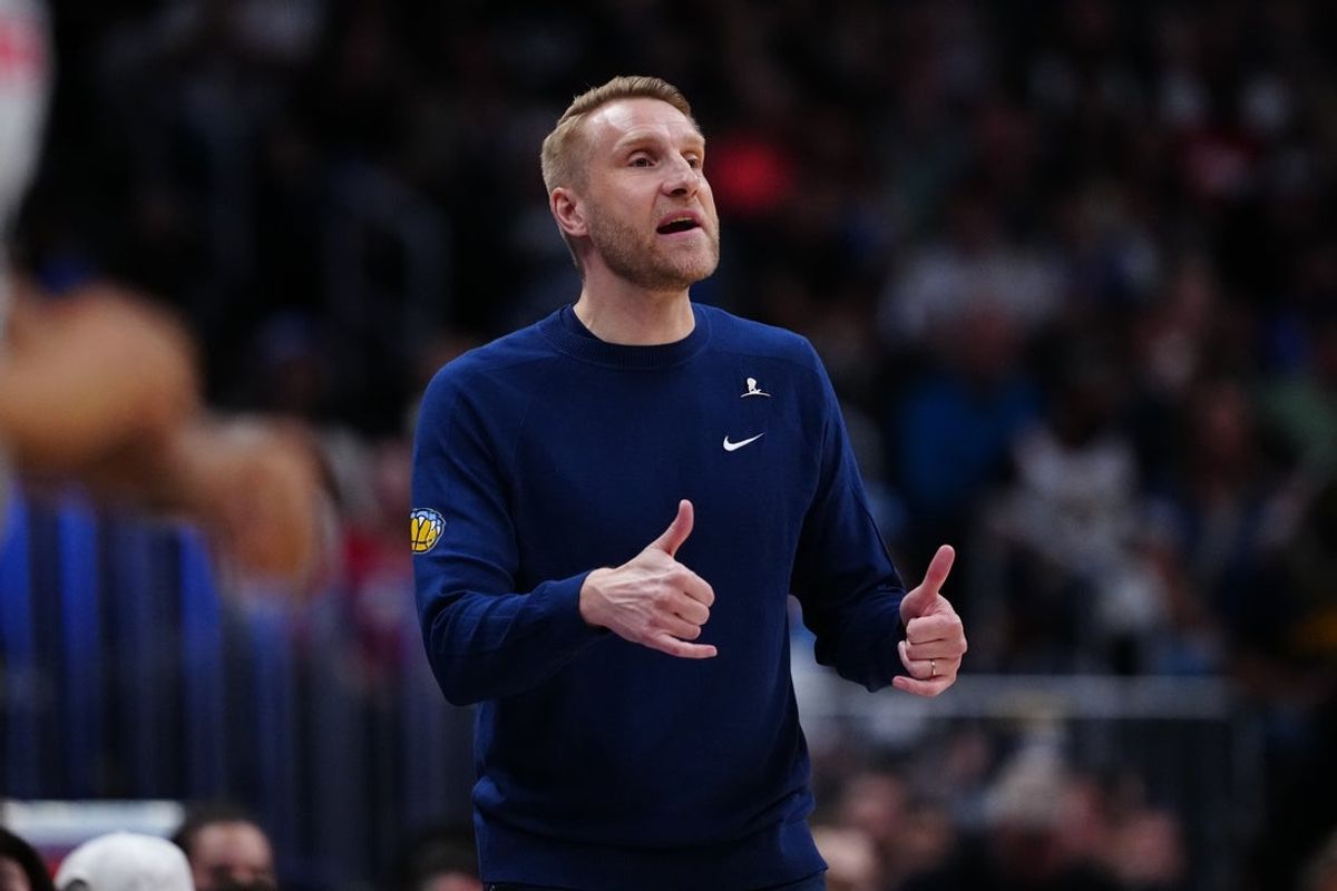 Apr 11, 2025; Denver, Colorado, USA; Memphis Grizzlies interim head coach Tuomas Iisalo calls out in the first quarter against the Denver Nuggets at Ball Arena. Mandatory Credit: Ron Chenoy-Imagn Images