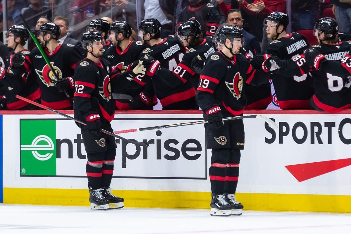 Apr 11, 2025; Ottawa, Ontario, CAN; Ottawa Senators right wing Drake Batherson (19) celebrates with team his goal scored in the second period against the Montreal Canadiens  at the Canadian Tire Centre. Mandatory Credit: Marc DesRosiers-Imagn Images