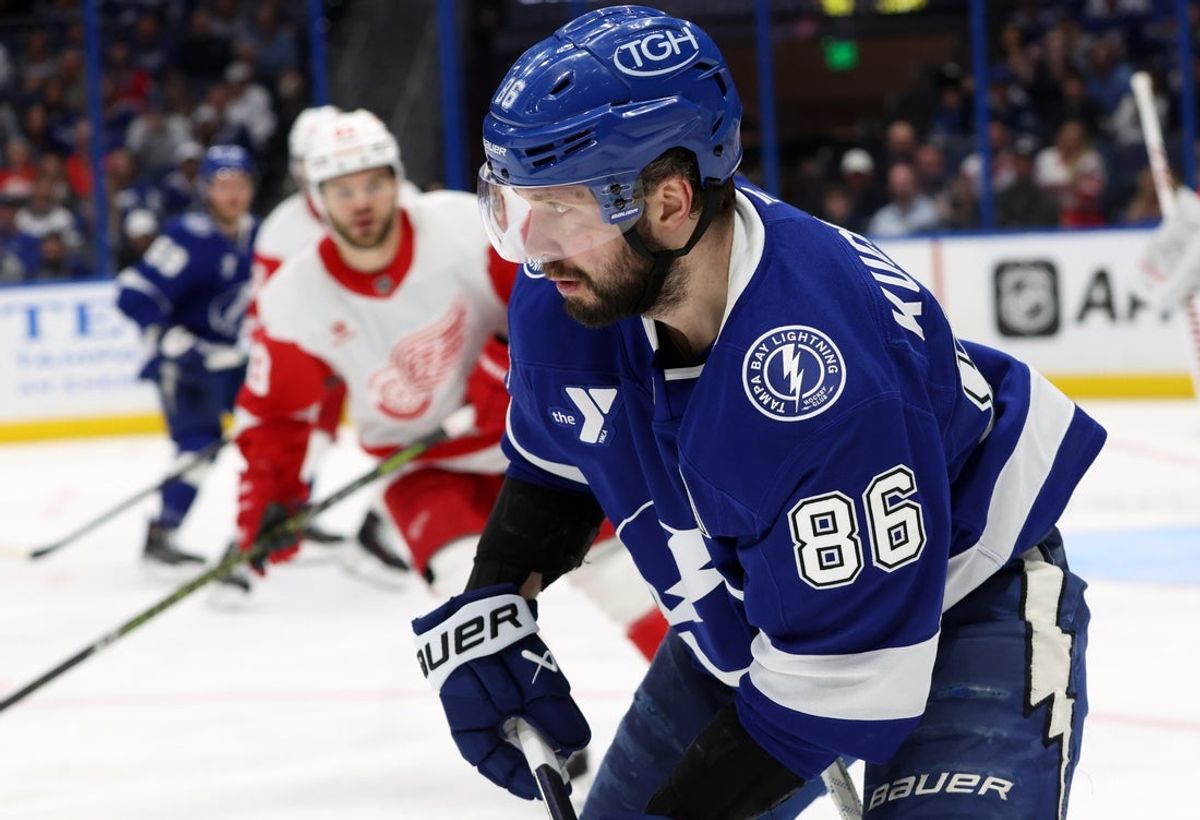 Apr 11, 2025; Tampa, Florida, USA; Tampa Bay Lightning right wing Nikita Kucherov (86) skates with the puck against the Detroit Red Wings during the third period at Amalie Arena. Mandatory Credit: Kim Klement Neitzel-Imagn Images