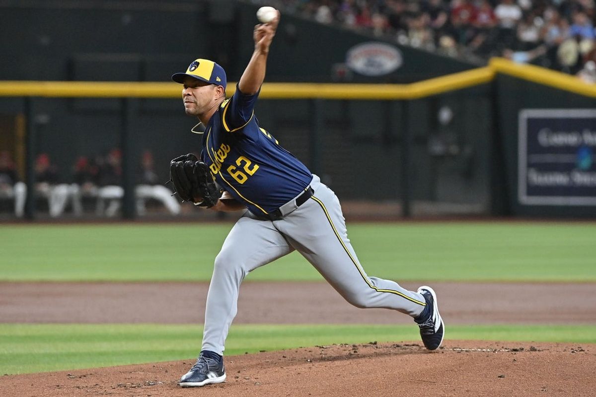 Apr 11, 2025; Phoenix, Arizona, USA; Milwaukee Brewers pitcher Jose Quintana (62) throws in the first inning against the Arizona Diamondbacks at Chase Field. Mandatory Credit: Matt Kartozian-Imagn Images