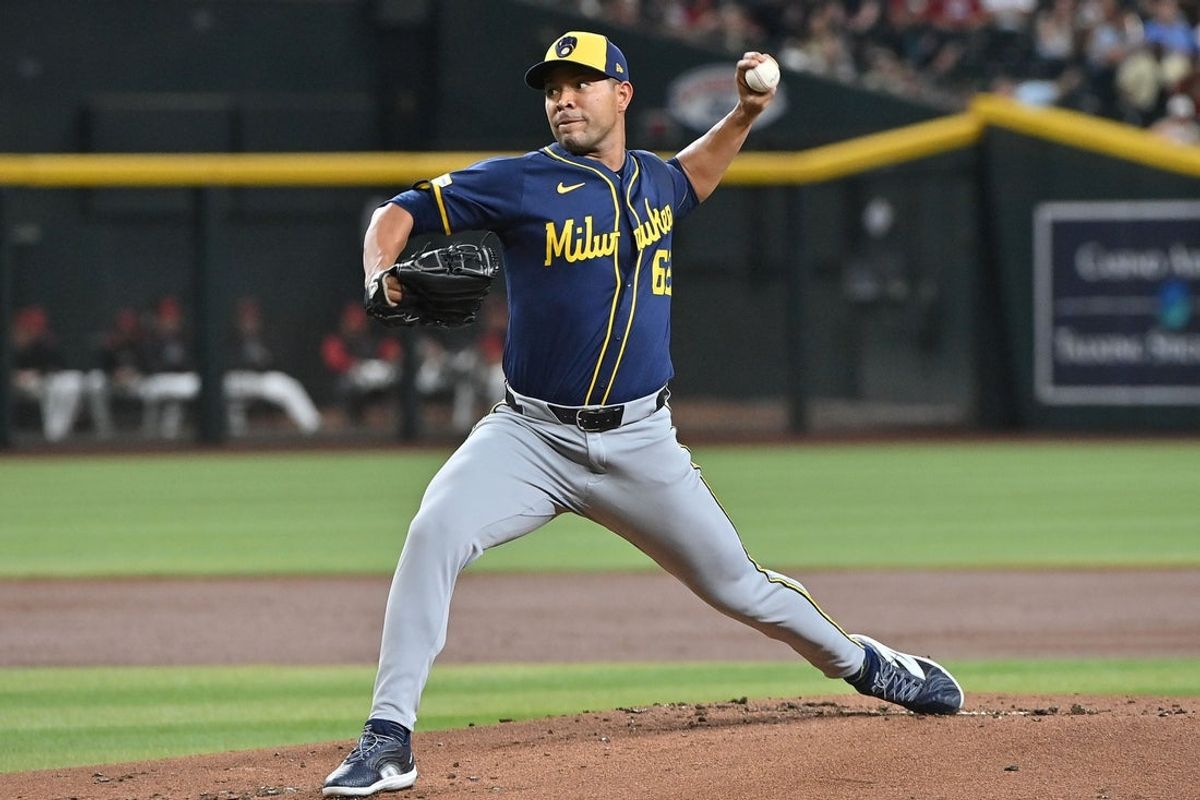 Apr 11, 2025; Phoenix, Arizona, USA; Milwaukee Brewers pitcher Jose Quintana (62) throws in the first inning against the Arizona Diamondbacks at Chase Field. Mandatory Credit: Matt Kartozian-Imagn Images