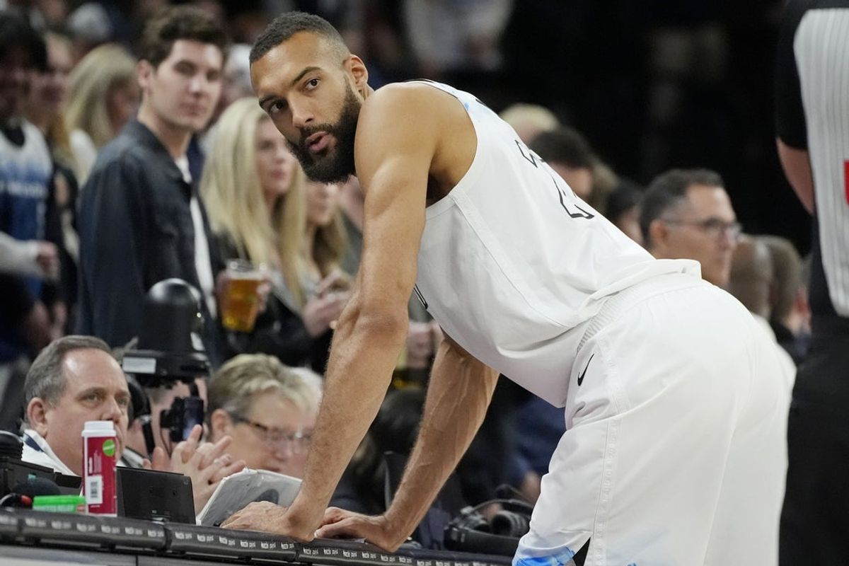 Apr 11, 2025; Minneapolis, Minnesota, USA; Minnesota Timberwolves center Rudy Gobert (27) prepares to play the Brooklyn Nets at the start of the game at Target Center. Mandatory Credit: Bruce Kluckhohn-Imagn Images