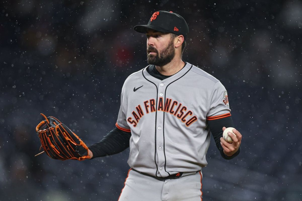 Apr 11, 2025; Bronx, New York, USA; San Francisco Giants starting pitcher Robbie Ray (38) reacts during the third inning against the New York Yankees at Yankee Stadium. Mandatory Credit: Vincent Carchietta-Imagn Images